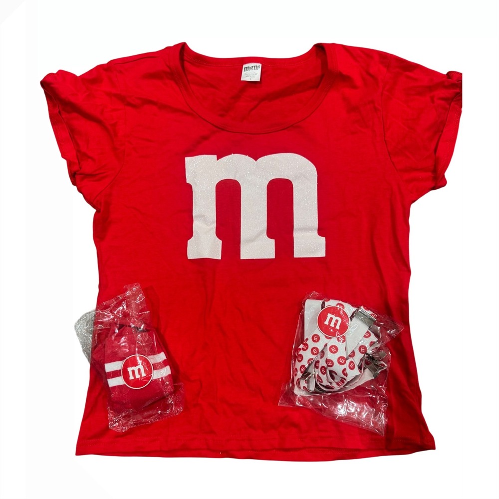M&Ms Red Costume Adult Large Shirt Skirt Socks‎ Suspenders Candy Halloween Party - Picture 7 of 8